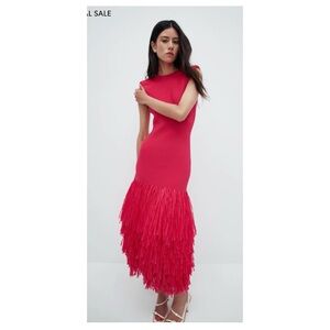 Aje Rushes Raffia Knit Midi Dress in Deep Fuchsia Pink Size Small